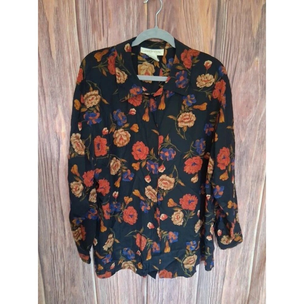 Jones New York Vintage 100% Silk Floral Long Sleeve Button Down Shirt Sz 14W